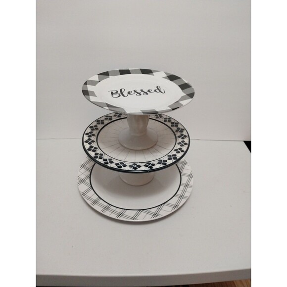 Classic Retro Blessed Back & White Geometric  3 Tier Serving Dish /Trinket Tray - Picture 11 of 11